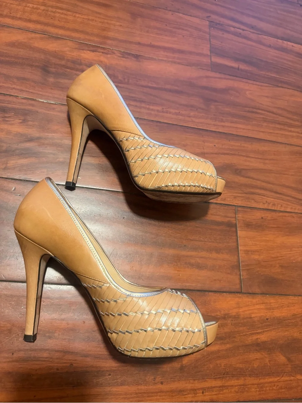 Cole Haan Woven Tan Peep-Toe High Heels - Picture 7 of 10